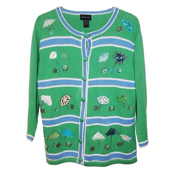Morgan Cole Beach Cardigan Beaded Sequin Stripe Green Knit Sweater Womens Small - Picture 1 of 12